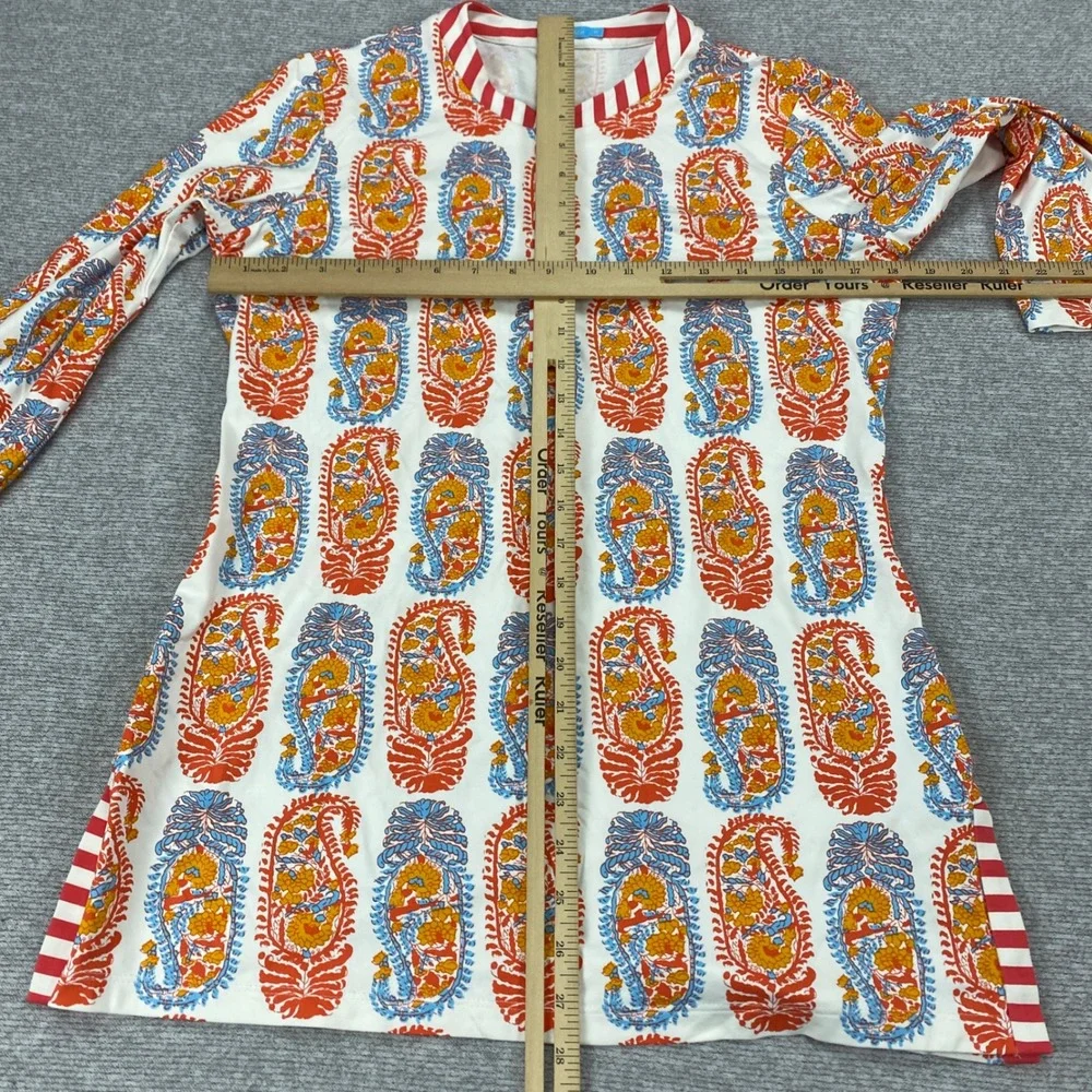 J.McLaughlin Catalina Cloth‎ Paisley Henley Tunic Top Orange Blue Striped Trim M